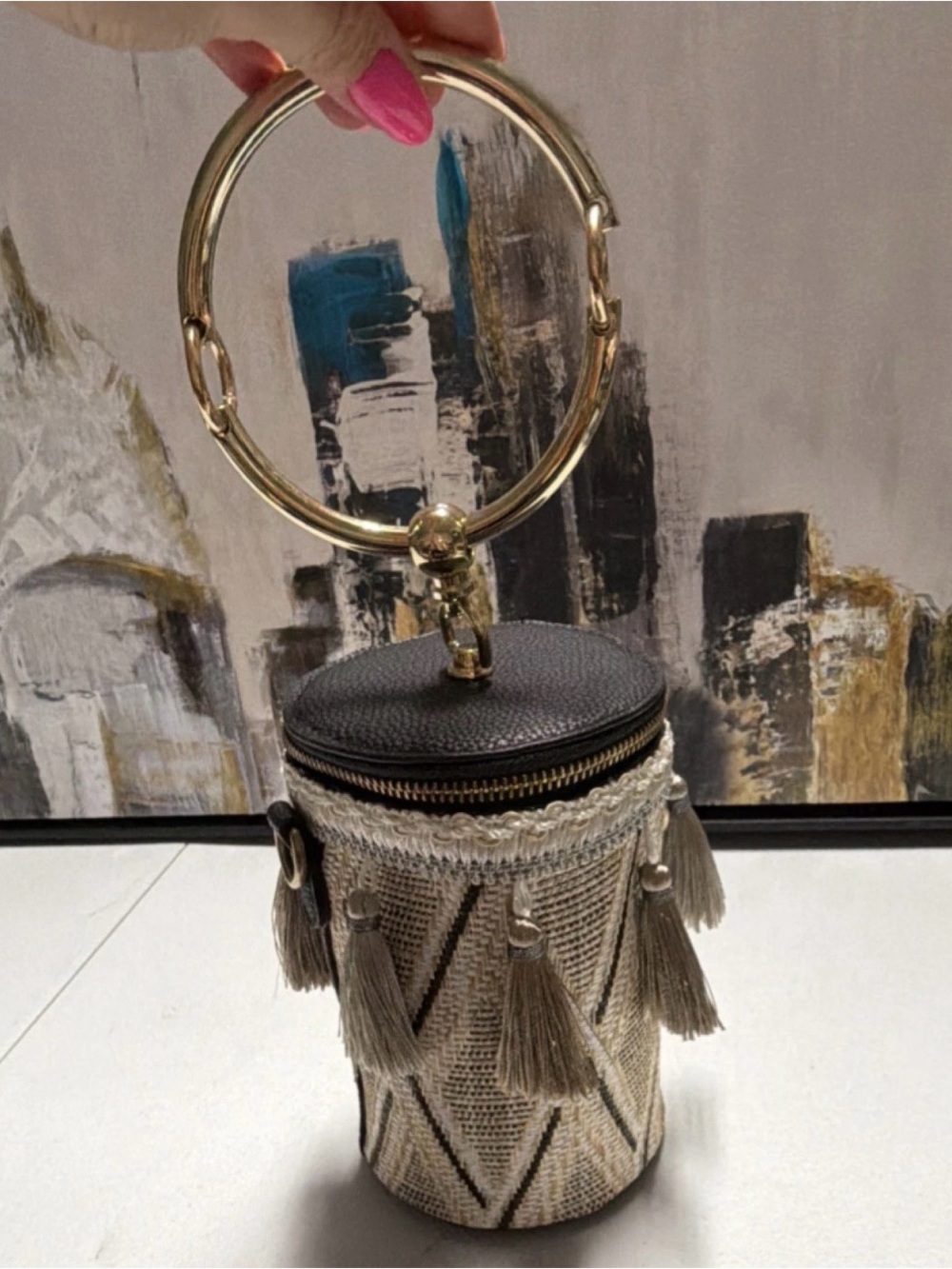 Beaded Tassel Cylinder Handbag with Gold Ring Handle